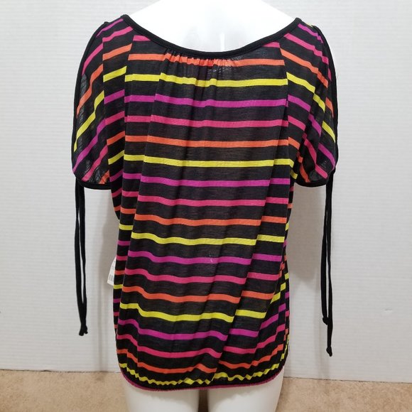 Mix & Co. top Medium NWT striped tie cuffs cold shoulder ruched neck elastic hem - Picture 3 of 11